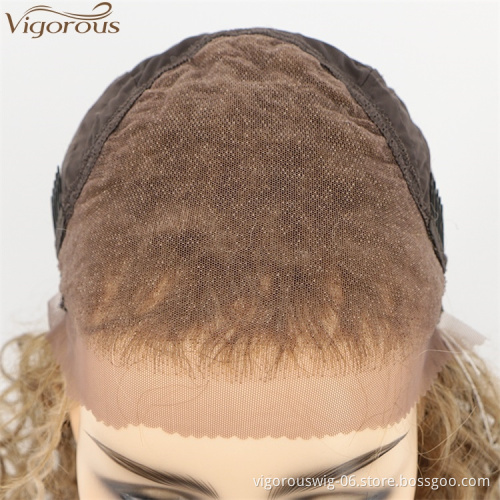 Vigorous Cheap Lace Frontal Synthetic Kinky Curly Wigs for White Women Long Ombre Brown To Blonde Wig Heat Resistant Fiber